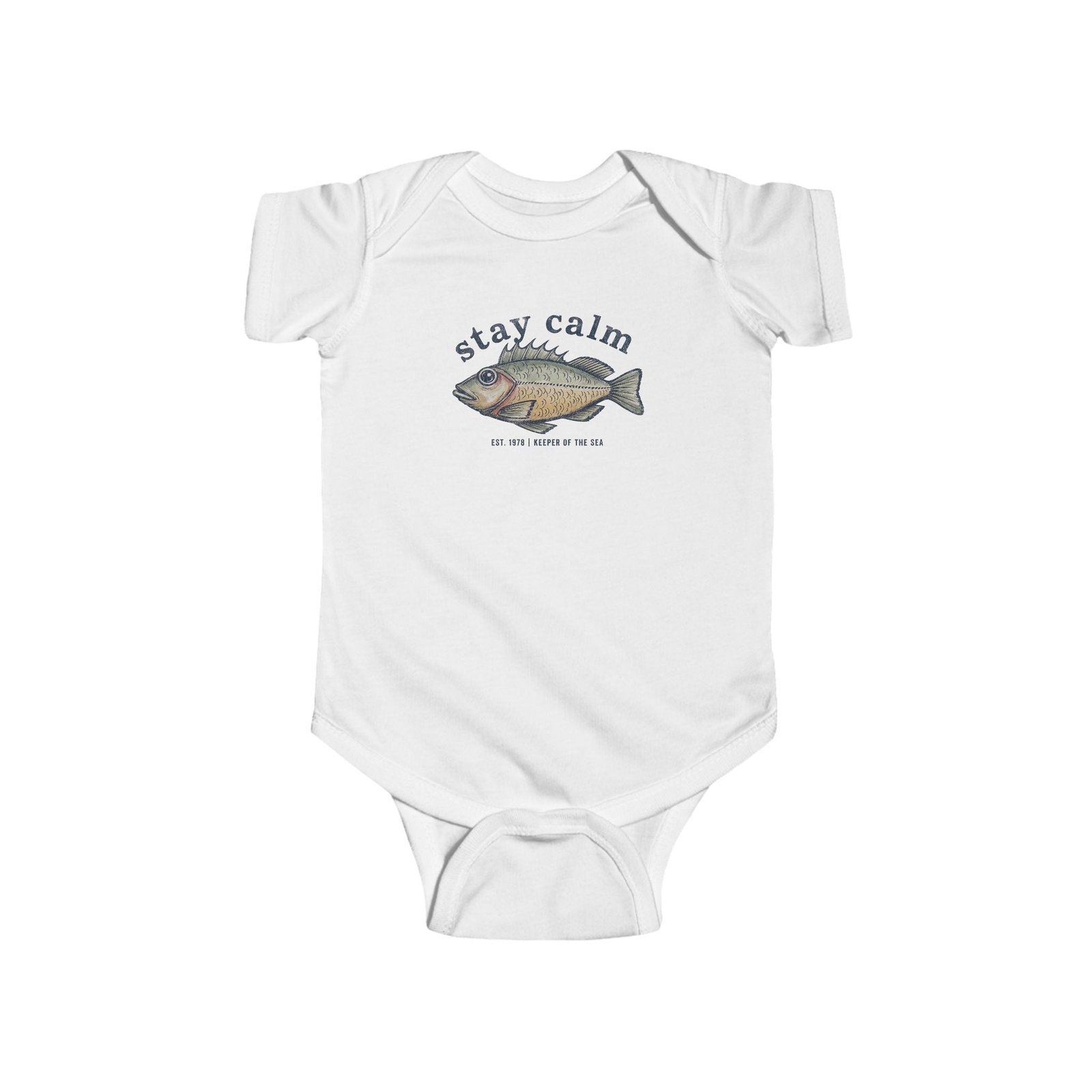 Infant Bodysuit "Stay Calm" Fish Graphic — Cute Baby One-Piece for Newborns & Gifts
