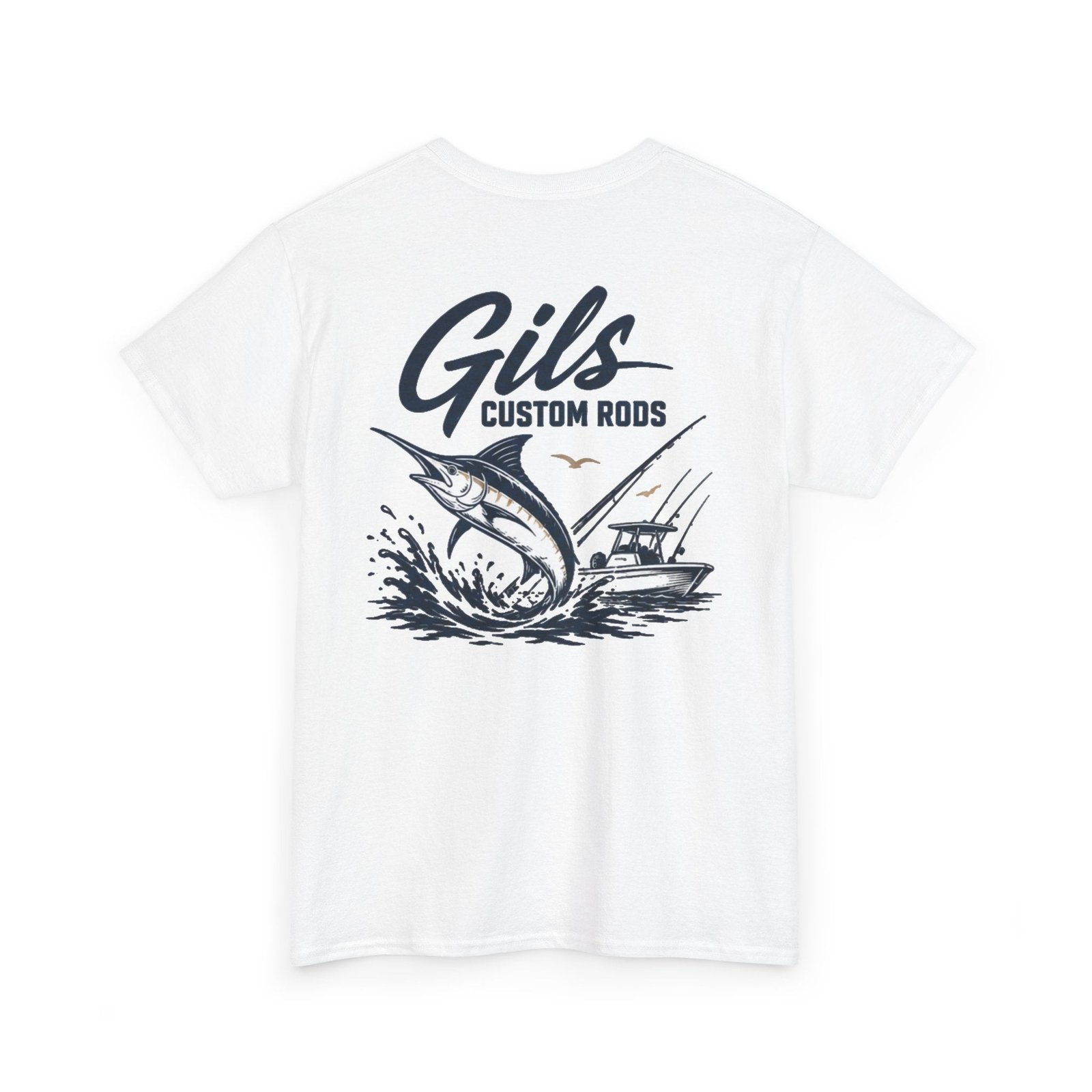 Fishing T-Shirt — "Gils Custom Rods" Marlin Boat Graphic Tee