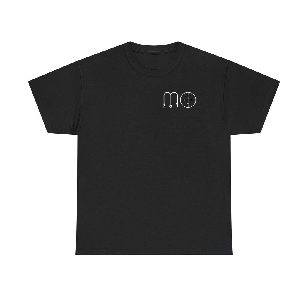 Central Coast California Fishing Tee — 'MO' Minimal Front Logo, Sunset Rockfish Back Design