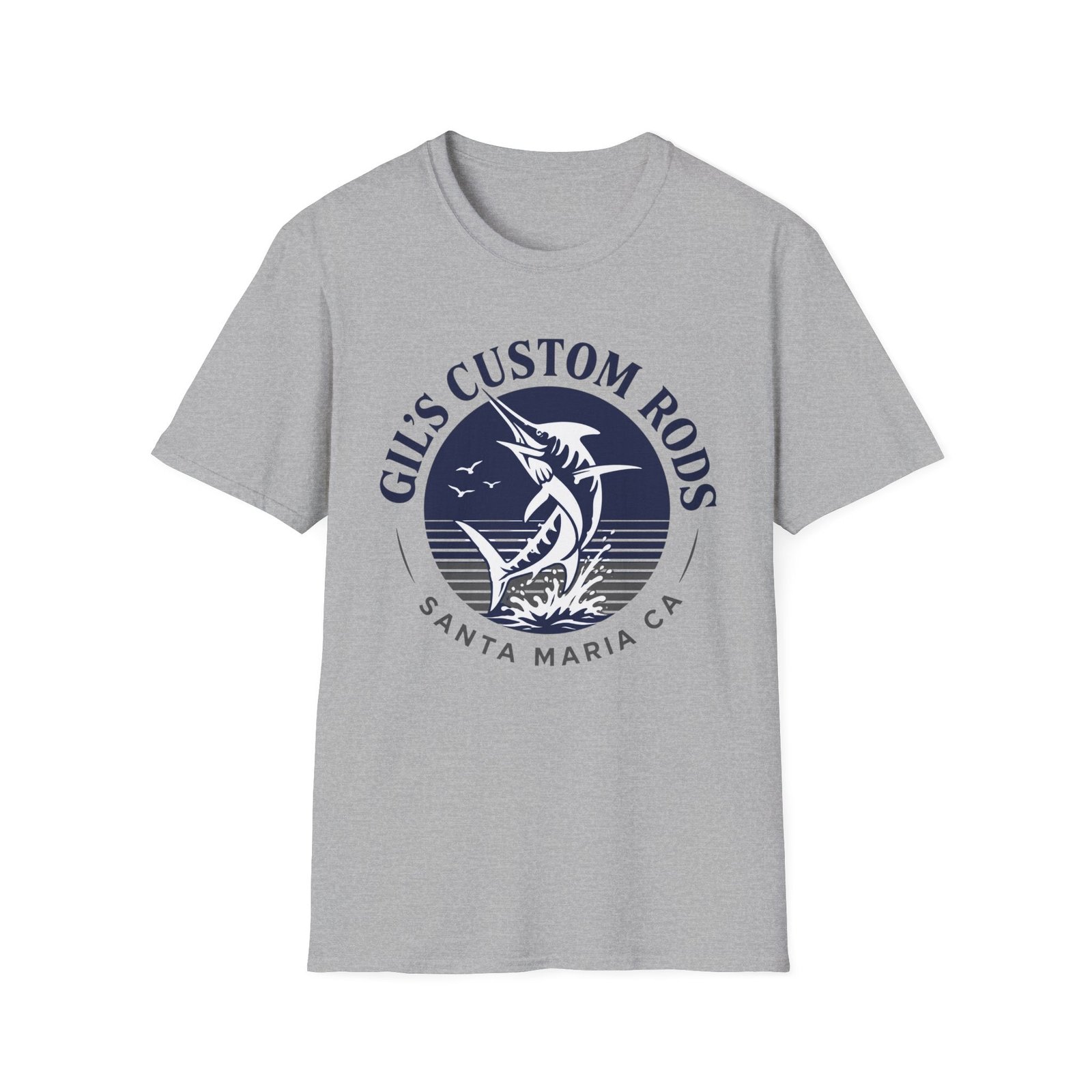 Fishing T‑Shirt — "Gil's Custom Rods" Marlin Logo Tee (Santa Maria CA)