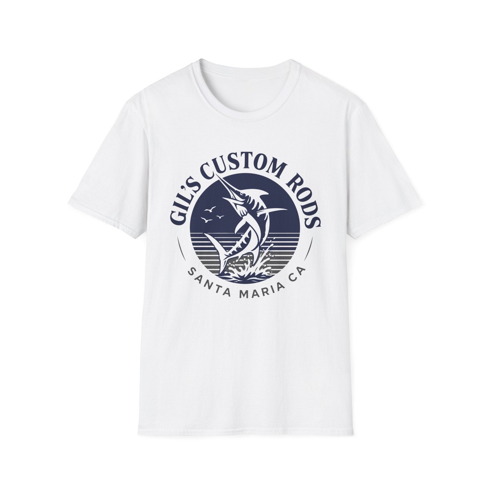Fishing T‑Shirt — "Gil's Custom Rods" Marlin Logo Tee (Santa Maria CA)