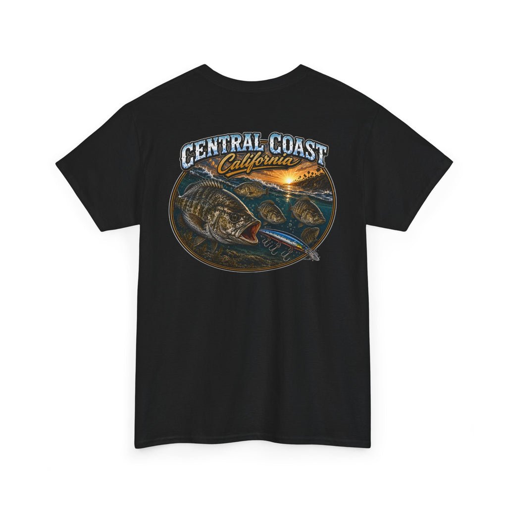 Central Coast California Fishing Tee — 'MO' Minimal Front Logo, Sunset Rockfish Back Design