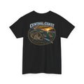 Central Coast California Fishing Tee — 'MO' Minimal Front Logo, Sunset Rockfish Back Design