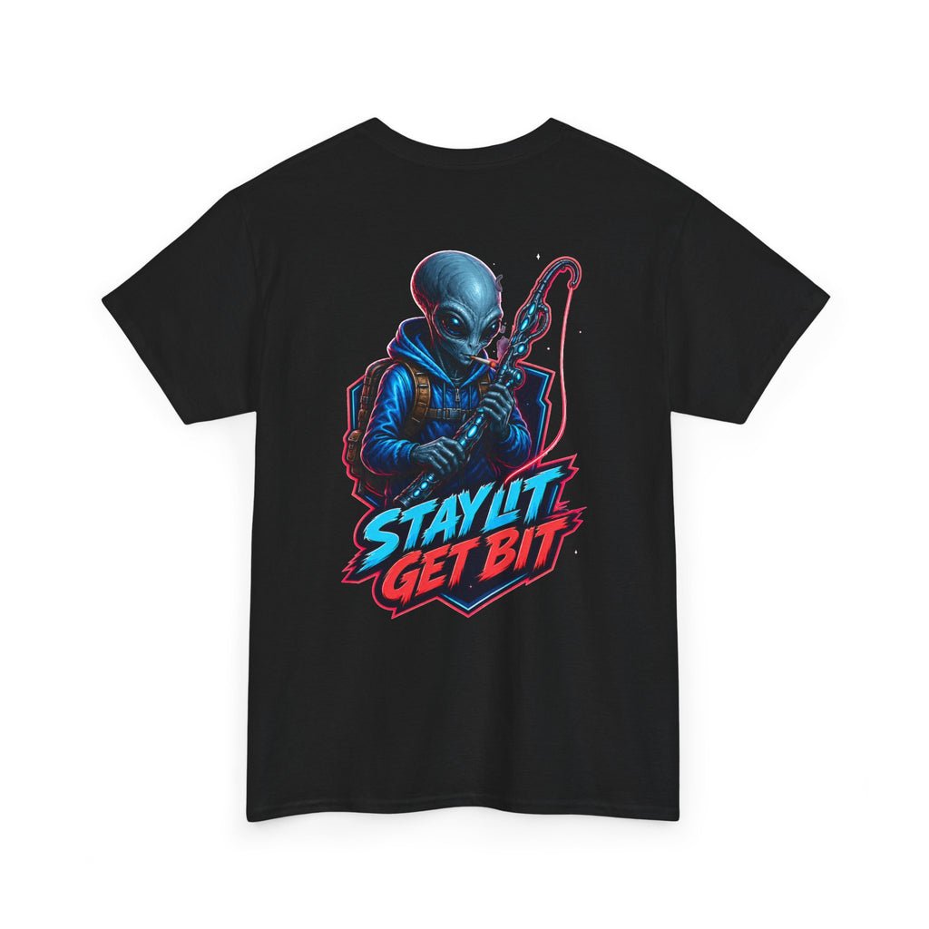 Alien Fisherman Graphic Tee — "Stay Lit Get Bit" Retro Sci‑Fi T-Shirt