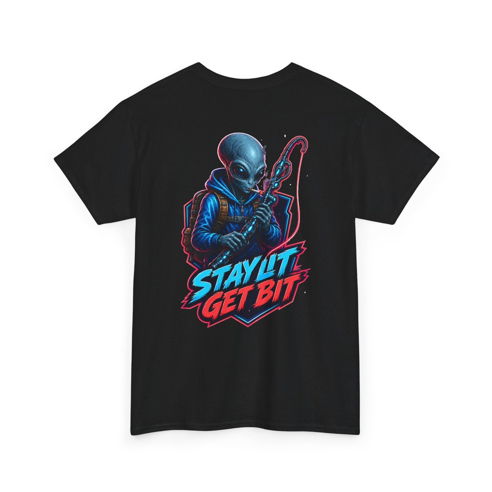 Alien Fisherman Graphic Tee — "Stay Lit Get Bit" Retro Sci‑Fi T-Shirt